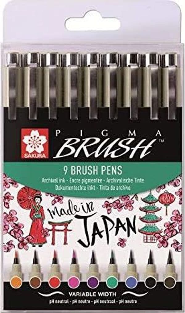 SAKURA - SET 9 PENNARELLI COLORATI "PIGMA BRUSH" PER DISEGNI - COLORI ASSORTITI