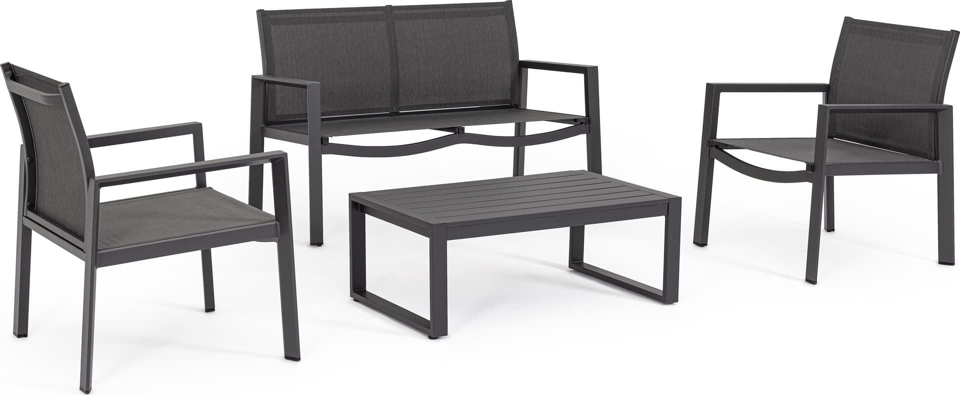 Salotto con poltrone e tavolino "Kallen" struttura in alluminio per veranda e giardino – Nero – Bizzotto Homemotion