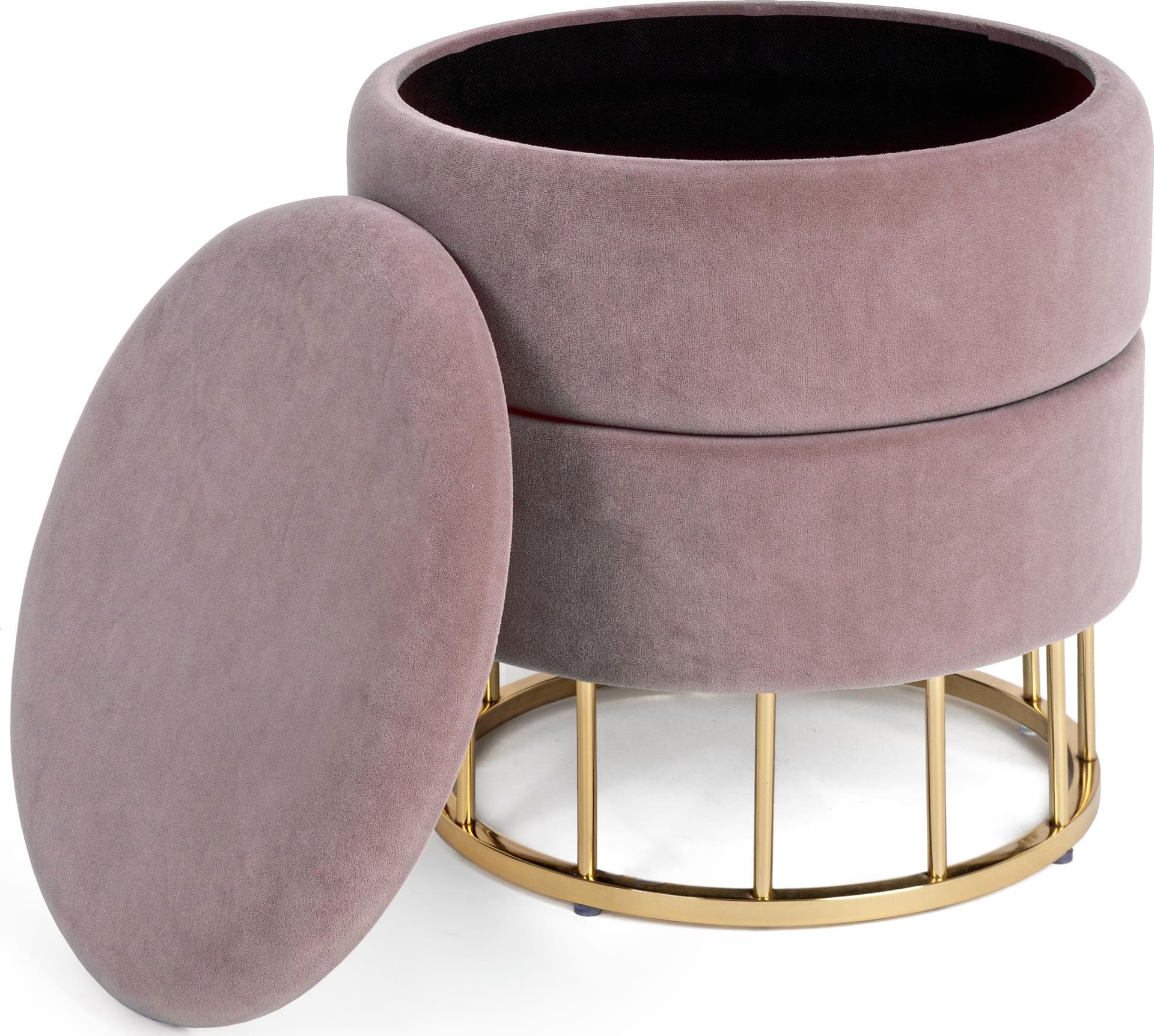 Pouf contenitore tondo con piede ottone "Pavlina" seduta in velluto arredamento moderno – Rosa – Andrea Bizzotto Spa