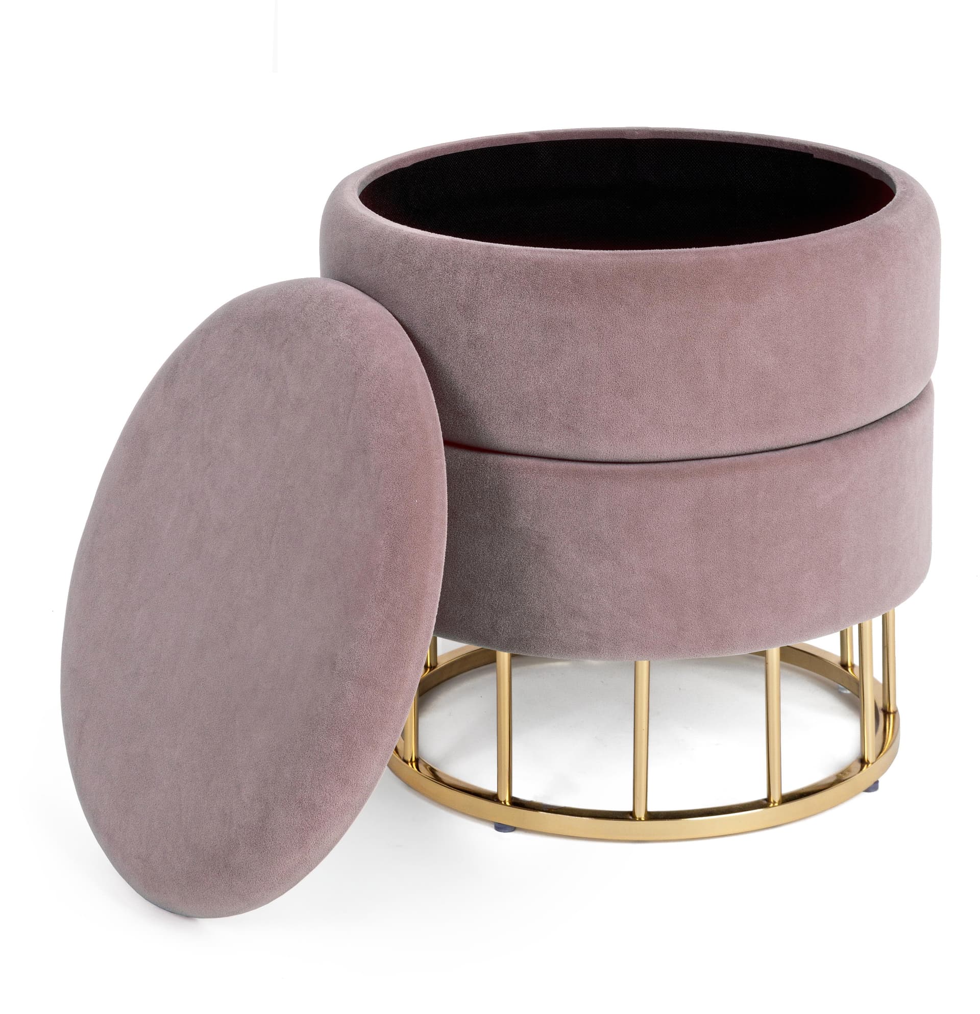 Pouf contenitore tondo con piede ottone "Pavlina" seduta in velluto arredamento moderno - 16