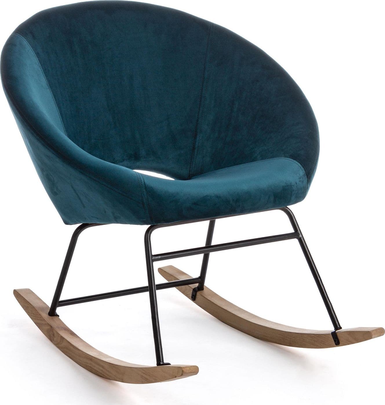 Sedia a dondolo imbottita  in velluto "Annika" piedi in legno da interno per salotto e studio – Blu Pavone – Andrea Bizzotto