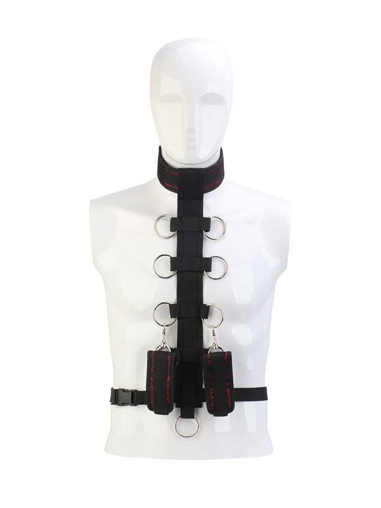 Collare Bondage contenzione con 9 anelli O rings e manette nero fetish BDSM in prodotto Erosdom - Palmi, commercioVirtuoso.it