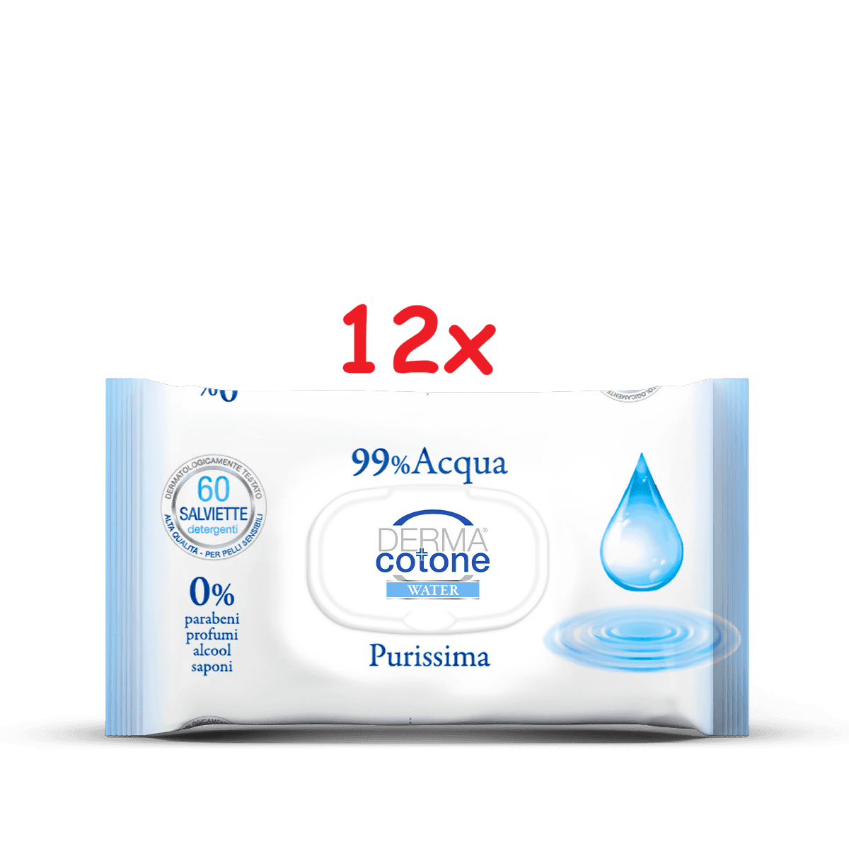 DERMACOTONE Water 99% Acqua Purissima - Salviettine Delicate Detergenti - alta qualità - per pelli sensibili - dermatologicamente testato - 12 pacchi da 60 salviettine - 720 salviettine in Salviette detergenti Sanitaria Gioia del Bimbo - Villa San Giovanni, commercioVirtuoso.it