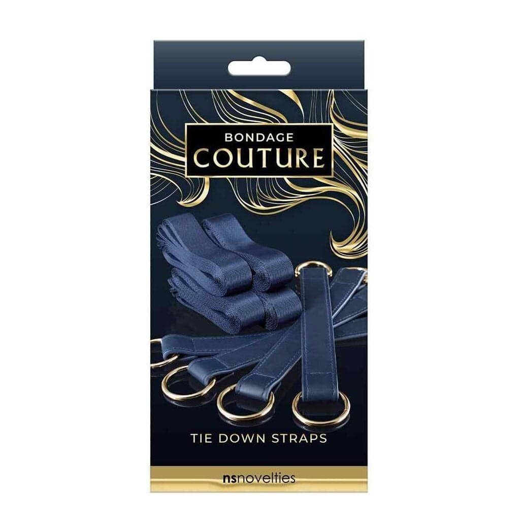 Bondage Couture The Down Straps set cinghie bondage letto regolabili blu oro in prodotto Erosdom - Palmi, commercioVirtuoso.it