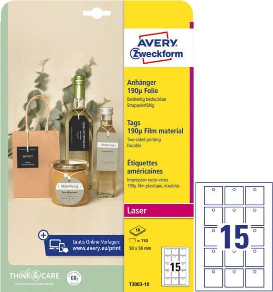 Cartellini Stampabili Resistenti 190Mic 50X50Mm 10Fg(15Cart/Fg Bianco Avery