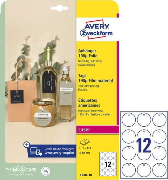 Cartellini stampabili resistenti 190mic D60mm 10fg(12cart/fg bianco Avery