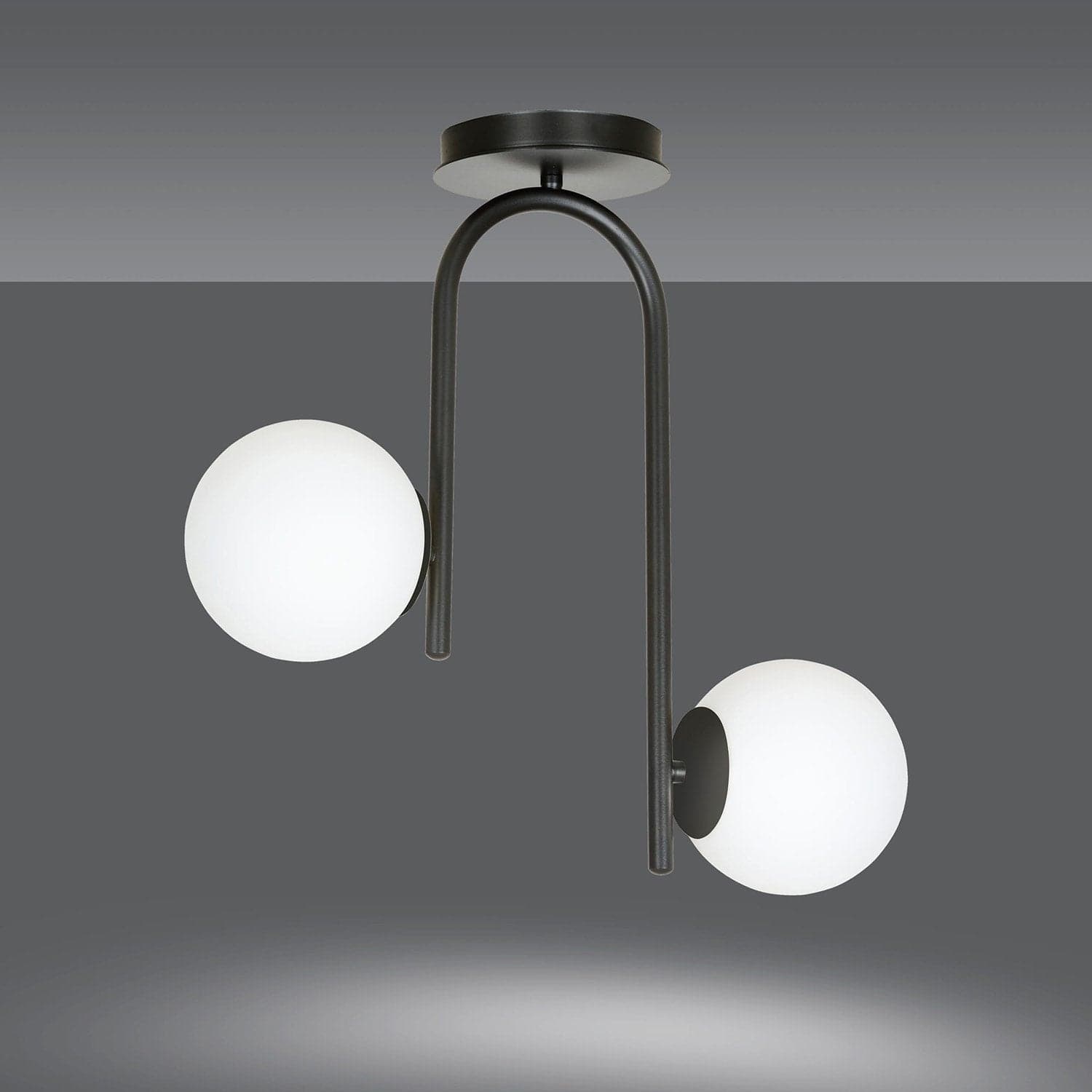 Lampadario 2 Luci Kalf In Acciaio Nero A Bracci E Sfere In Vetro Opalino in Lampade a sospensione LuceArt - Montecorvino Pugliano, commercioVirtuoso.it
