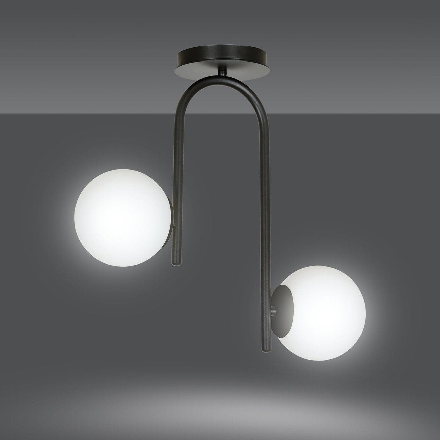 Lampadario 2 Luci Kalf In Acciaio Nero A Bracci E Sfere In Vetro Opalino in Lampade a sospensione LuceArt - Montecorvino Pugliano, commercioVirtuoso.it