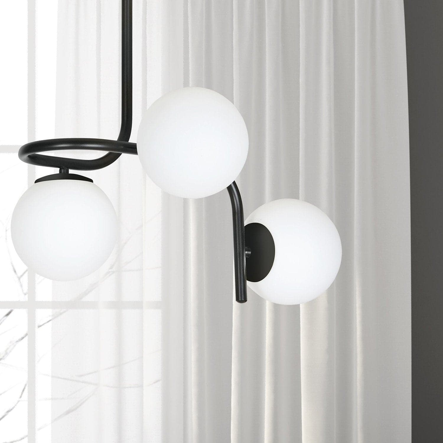 Lampadario 3 Luci Kalf In Acciaio Nero A Bracci E Sfere In Vetro Opalino in Lampadari LuceArt - Montecorvino Pugliano, commercioVirtuoso.it