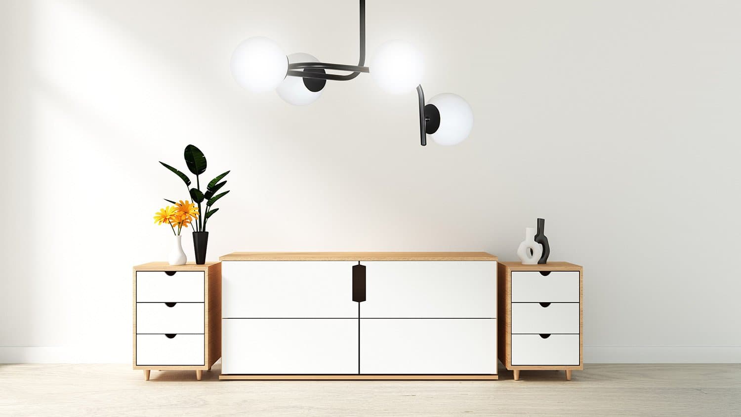 Lampadario 4 Luci Kalf In Acciaio Nero A Bracci Curvi E Sfere In Vetro Opalino in Lampade a sospensione LuceArt - Montecorvino Pugliano, commercioVirtuoso.it