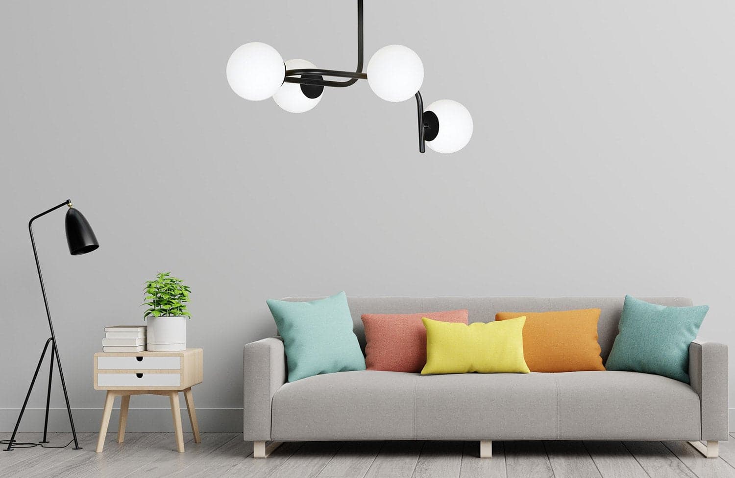Lampadario 4 Luci Kalf In Acciaio Nero A Bracci Curvi E Sfere In Vetro Opalino in Lampade a sospensione LuceArt - Montecorvino Pugliano, commercioVirtuoso.it