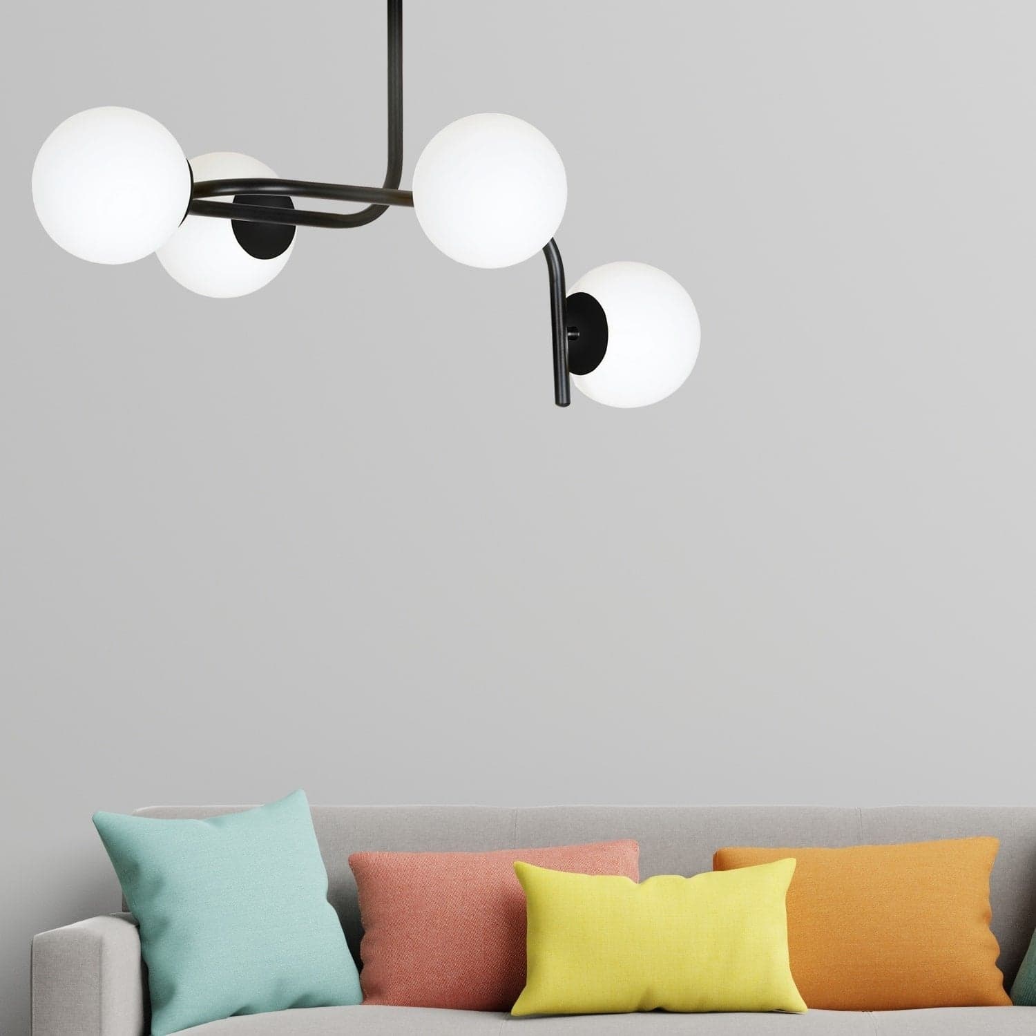Lampadario 4 Luci Kalf In Acciaio Nero A Bracci Curvi E Sfere In Vetro Opalino in Lampade a sospensione LuceArt - Montecorvino Pugliano, commercioVirtuoso.it