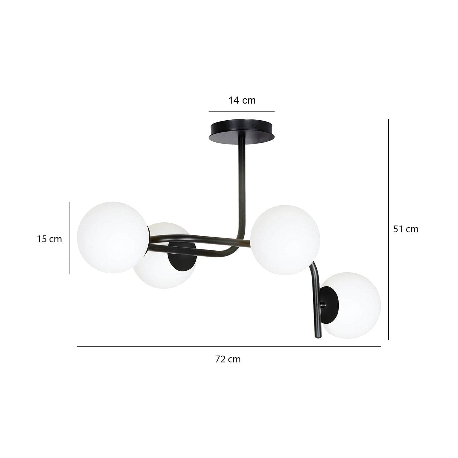 Lampadario 4 Luci Kalf In Acciaio Nero A Bracci Curvi E Sfere In Vetro Opalino in Lampade a sospensione LuceArt - Montecorvino Pugliano, commercioVirtuoso.it