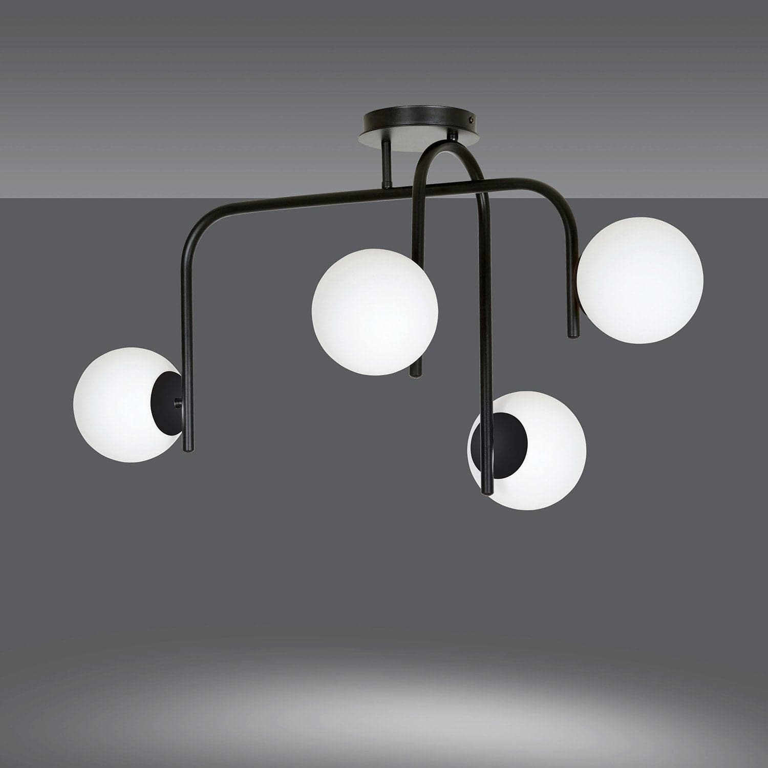 Lampadario 4 Luci Kalf In Acciaio Nero A Bracci E Sfere In Vetro Opalino in Lampade a sospensione LuceArt - Montecorvino Pugliano, commercioVirtuoso.it