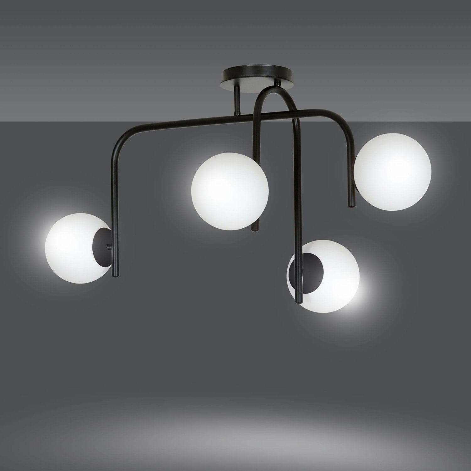 Lampadario 4 Luci Kalf In Acciaio Nero A Bracci E Sfere In Vetro Opalino in Lampade a sospensione LuceArt - Montecorvino Pugliano, commercioVirtuoso.it