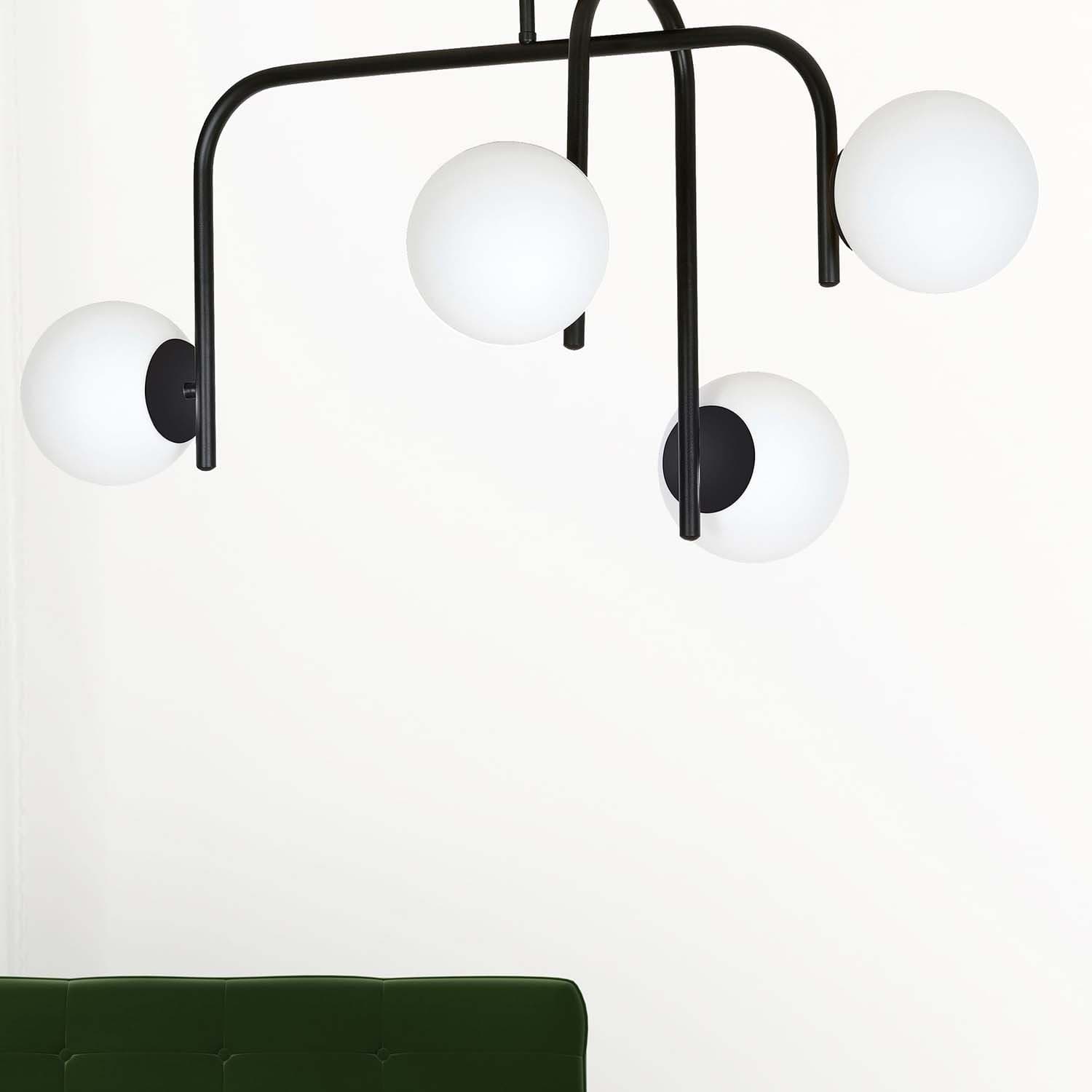 Lampadario 4 Luci Kalf In Acciaio Nero A Bracci E Sfere In Vetro Opalino in Lampade a sospensione LuceArt - Montecorvino Pugliano, commercioVirtuoso.it
