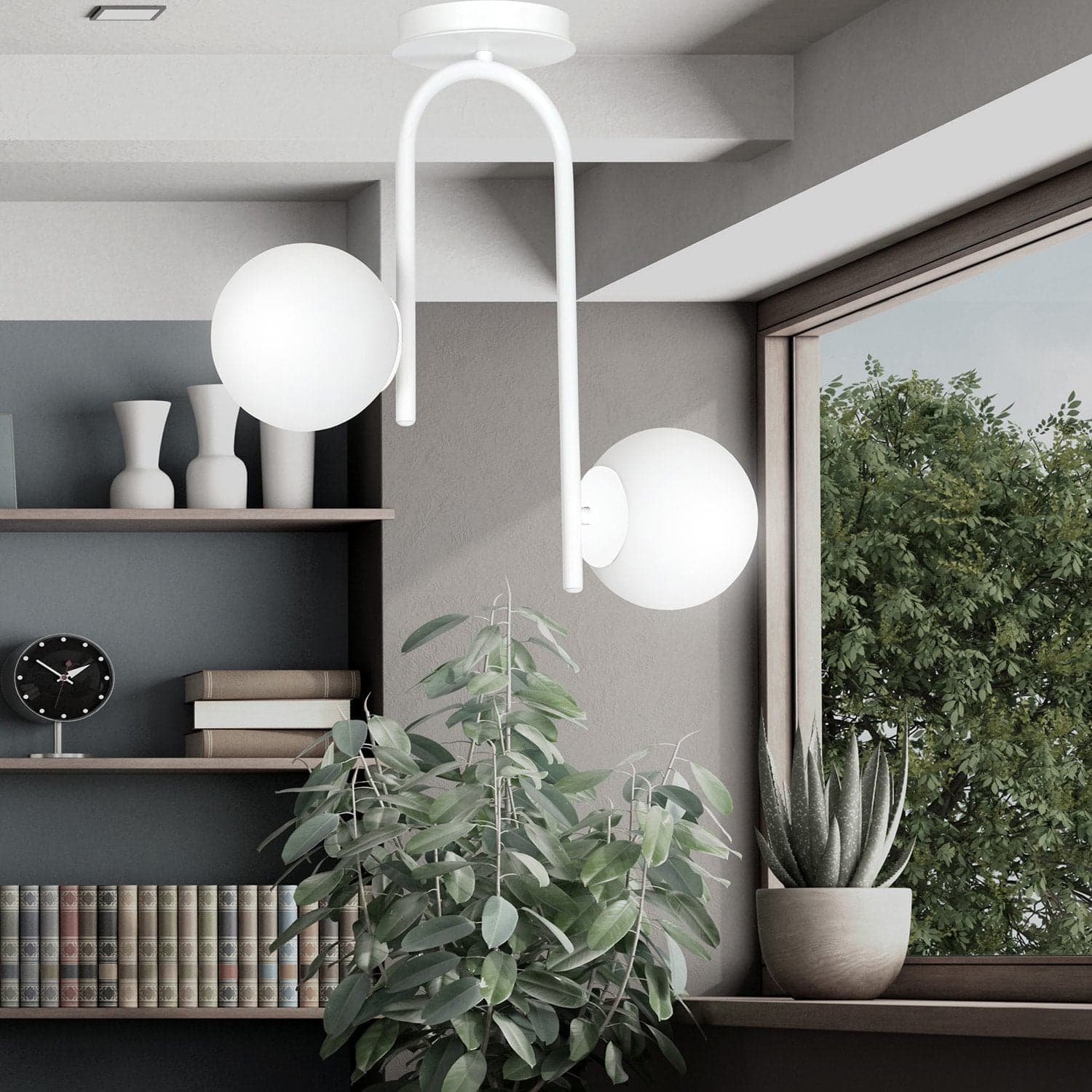 Lampadario 2 Luci Kalf In Acciaio Bianco A Bracci E Sfere In Vetro Opalino in Lampade a sospensione LuceArt - Montecorvino Pugliano, commercioVirtuoso.it