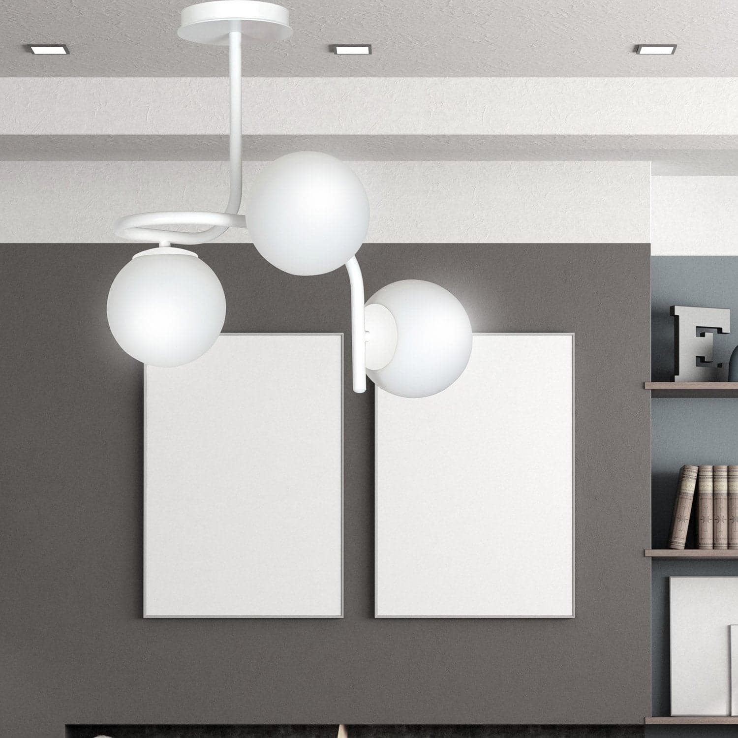 Lampadario 3 Luci Kalf In Acciaio Bianco A Bracci E Sfere In Vetro Opalino in Lampade a sospensione LuceArt - Montecorvino Pugliano, commercioVirtuoso.it