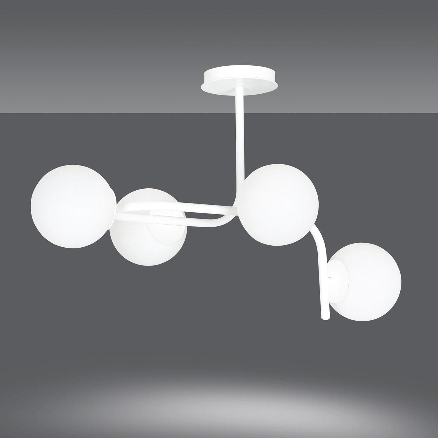 Lampadario 4 Luci Kalf In Acciaio Bianco A Bracci Curvi E Sfere In Vetro Opalino in Lampade a sospensione LuceArt - Montecorvino Pugliano, commercioVirtuoso.it