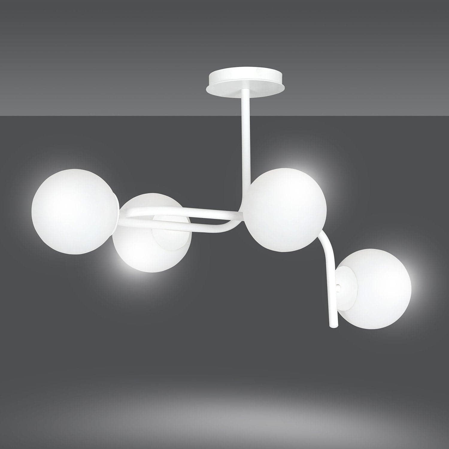 Lampadario 4 Luci Kalf In Acciaio Bianco A Bracci Curvi E Sfere In Vetro Opalino in Lampade a sospensione LuceArt - Montecorvino Pugliano, commercioVirtuoso.it