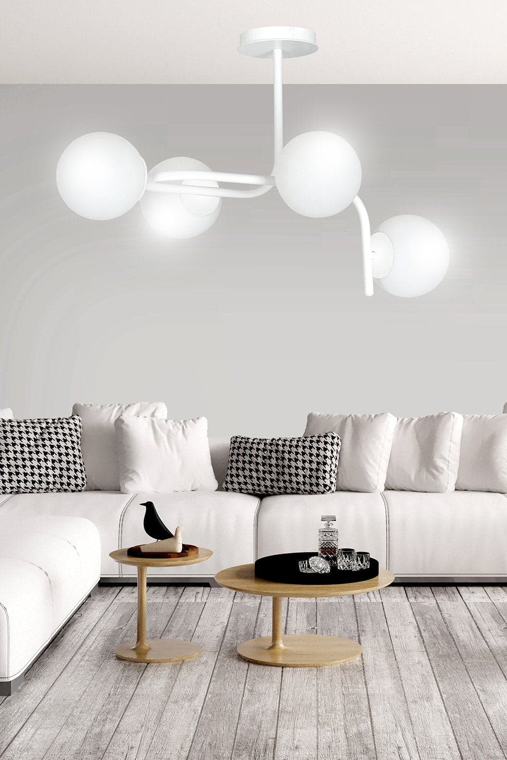 Lampadario 4 Luci Kalf In Acciaio Bianco A Bracci Curvi E Sfere In Vetro Opalino in Lampade a sospensione LuceArt - Montecorvino Pugliano, commercioVirtuoso.it