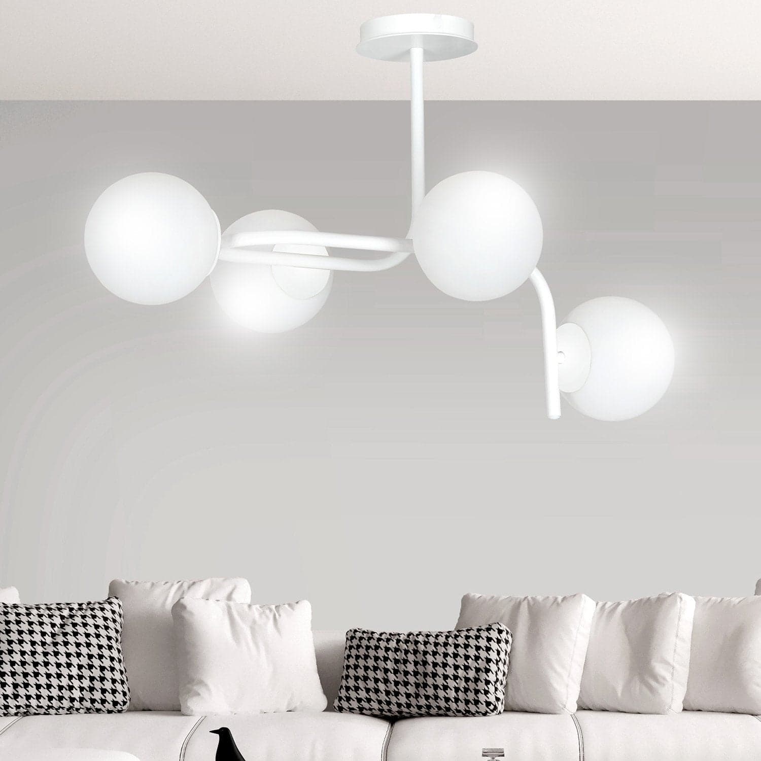 Lampadario 4 Luci Kalf In Acciaio Bianco A Bracci Curvi E Sfere In Vetro Opalino in Lampade a sospensione LuceArt - Montecorvino Pugliano, commercioVirtuoso.it
