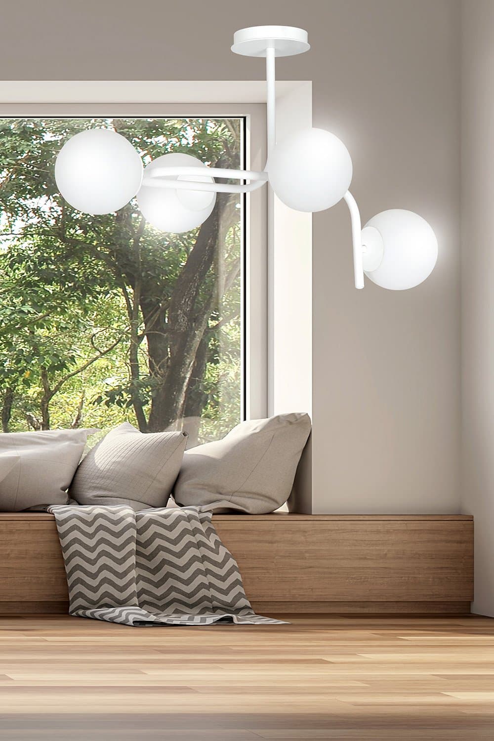 Lampadario 4 Luci Kalf In Acciaio Bianco A Bracci Curvi E Sfere In Vetro Opalino in Lampade a sospensione LuceArt - Montecorvino Pugliano, commercioVirtuoso.it
