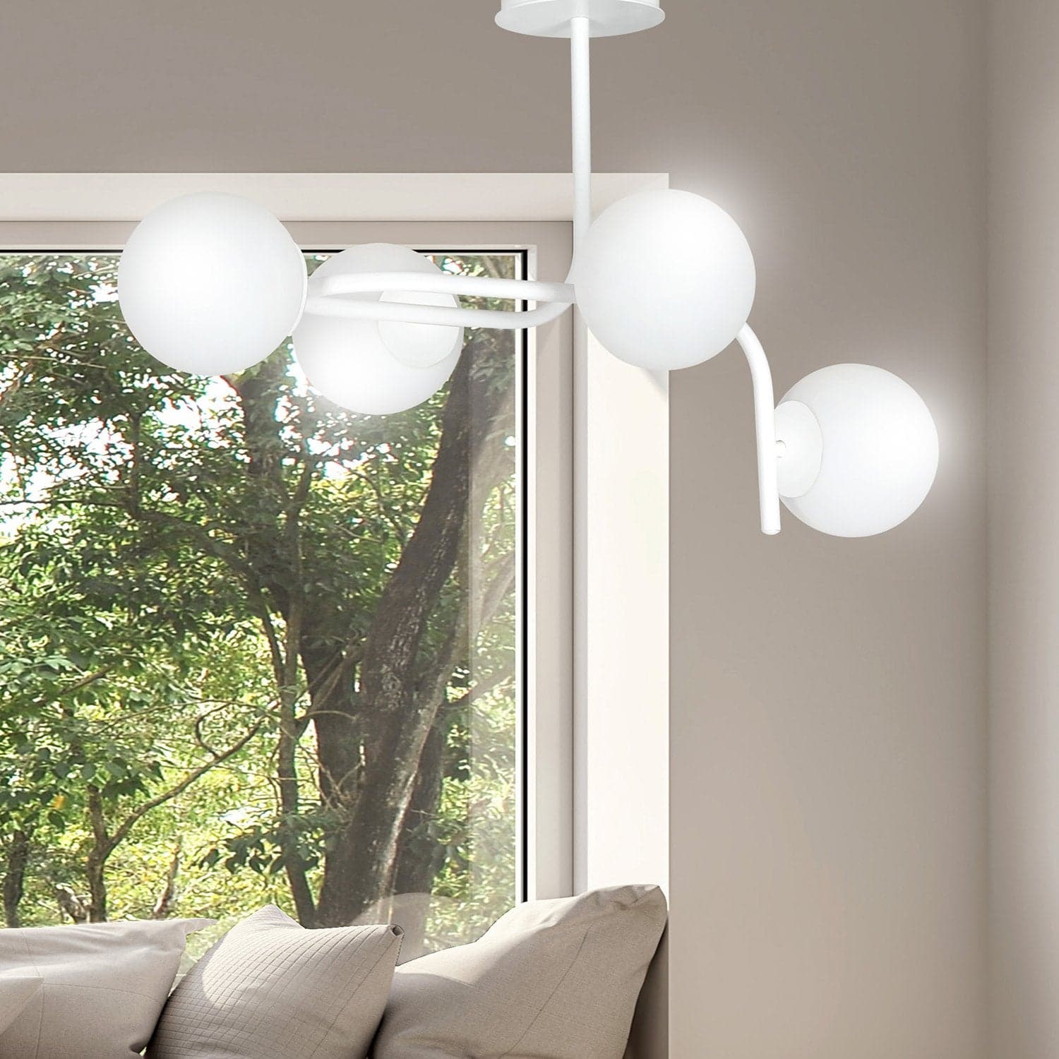 Lampadario 4 Luci Kalf In Acciaio Bianco A Bracci Curvi E Sfere In Vetro Opalino in Lampade a sospensione LuceArt - Montecorvino Pugliano, commercioVirtuoso.it