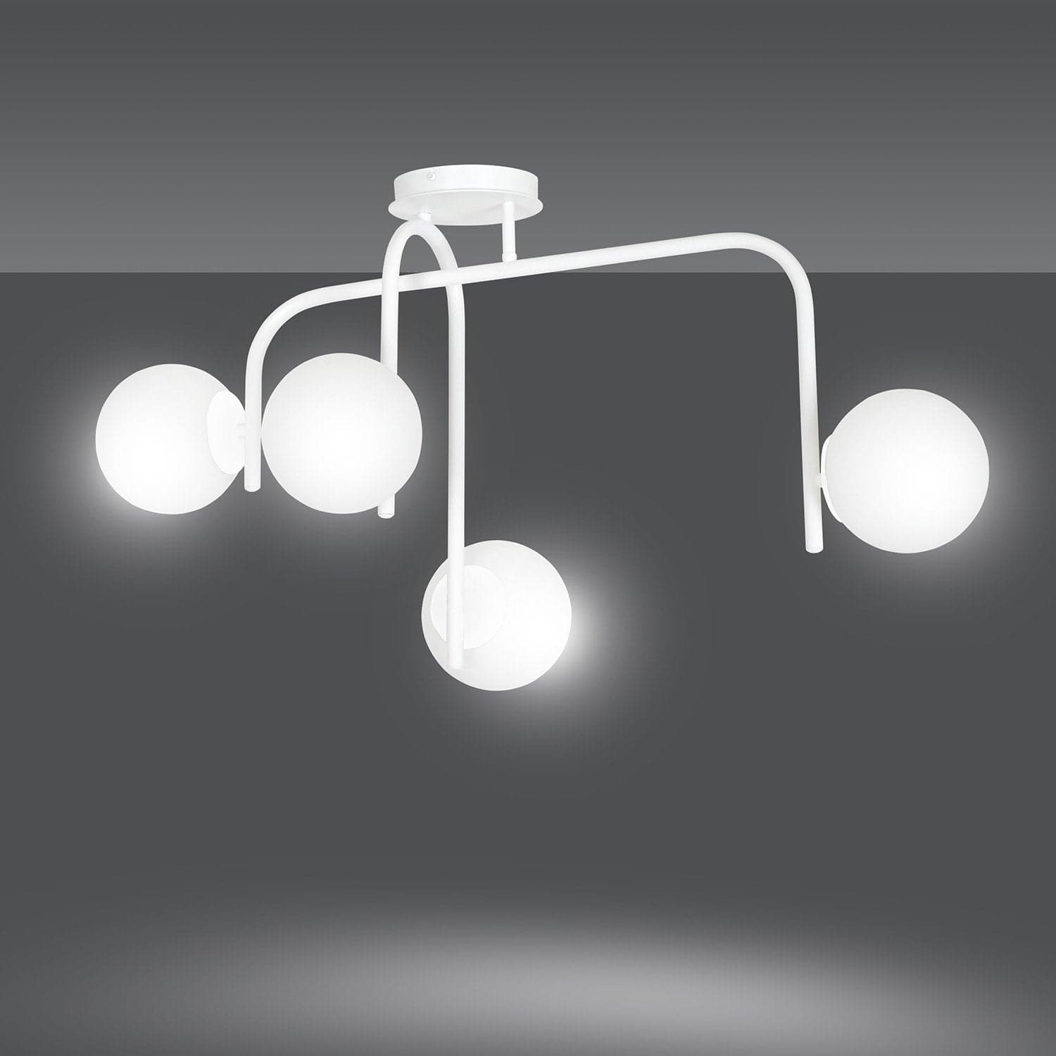 Lampadario 4 Luci Kalf In Acciaio Bianco A Bracci E Sfere In Vetro Opalino in Lampade a sospensione LuceArt - Montecorvino Pugliano, commercioVirtuoso.it