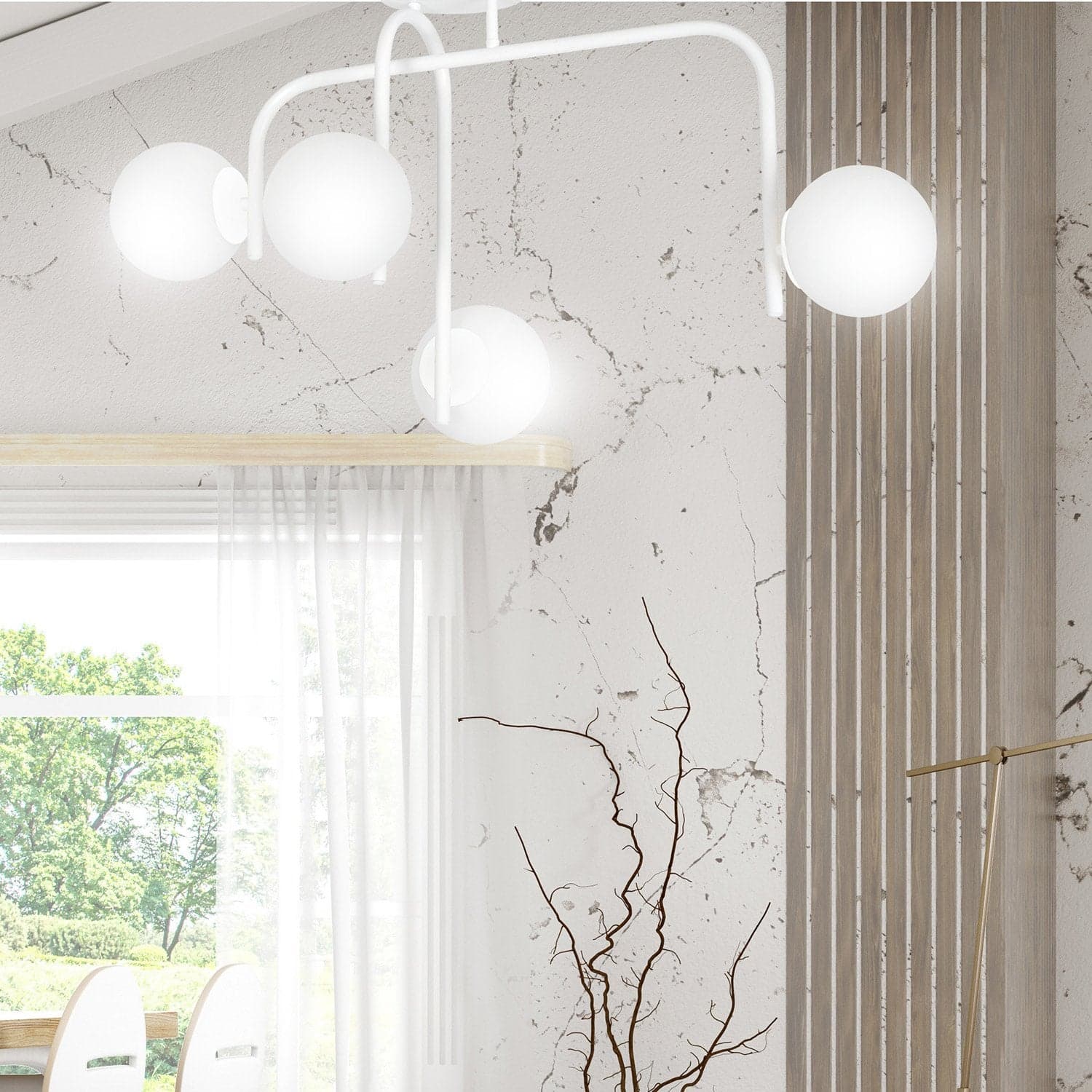 Lampadario 4 Luci Kalf In Acciaio Bianco A Bracci E Sfere In Vetro Opalino in Lampade a sospensione LuceArt - Montecorvino Pugliano, commercioVirtuoso.it
