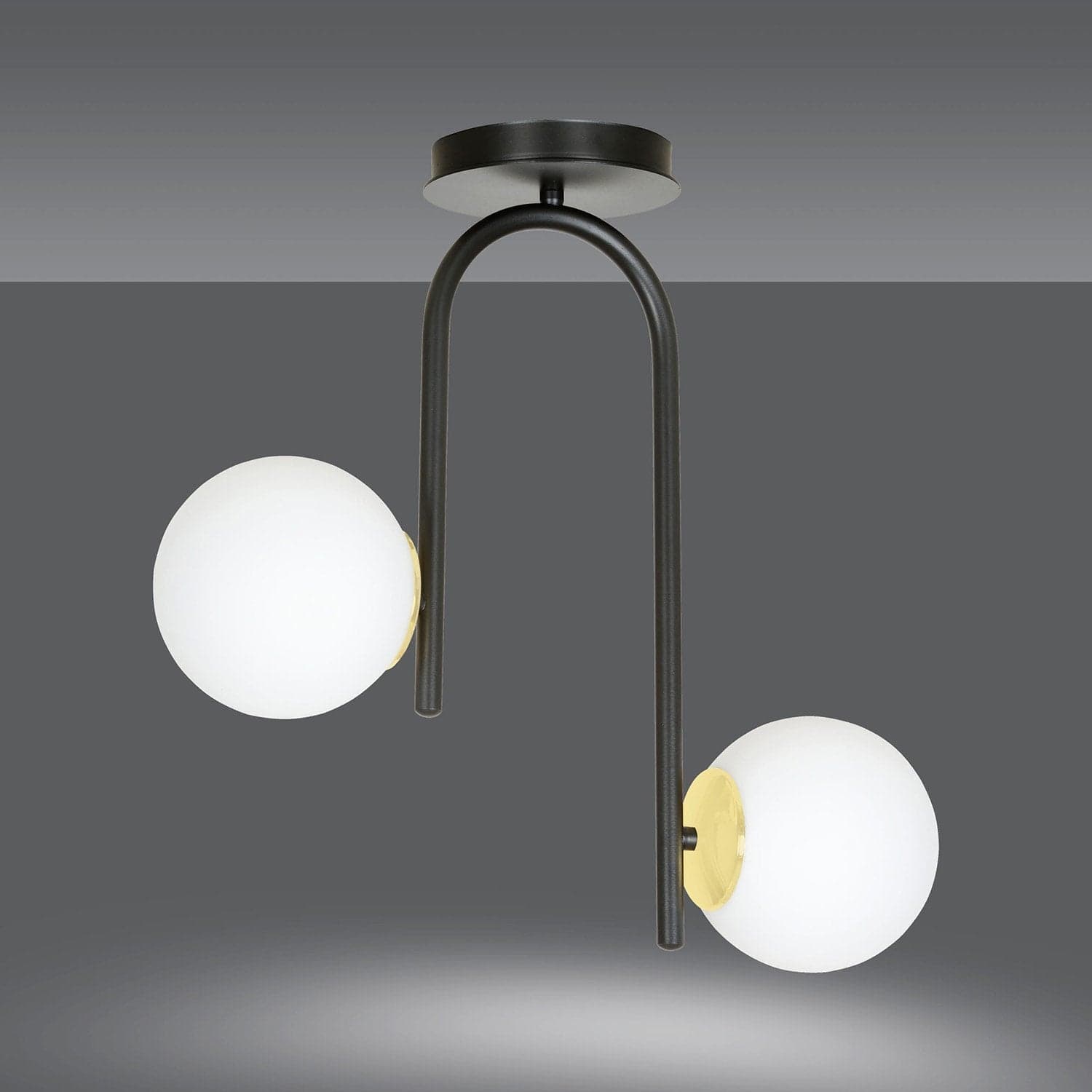 Lampadario 2 Luci Kalf In Acciaio Nero A Bracci E Sfere In Vetro Opalino E Oro in Lampadari LuceArt - Montecorvino Pugliano, commercioVirtuoso.it