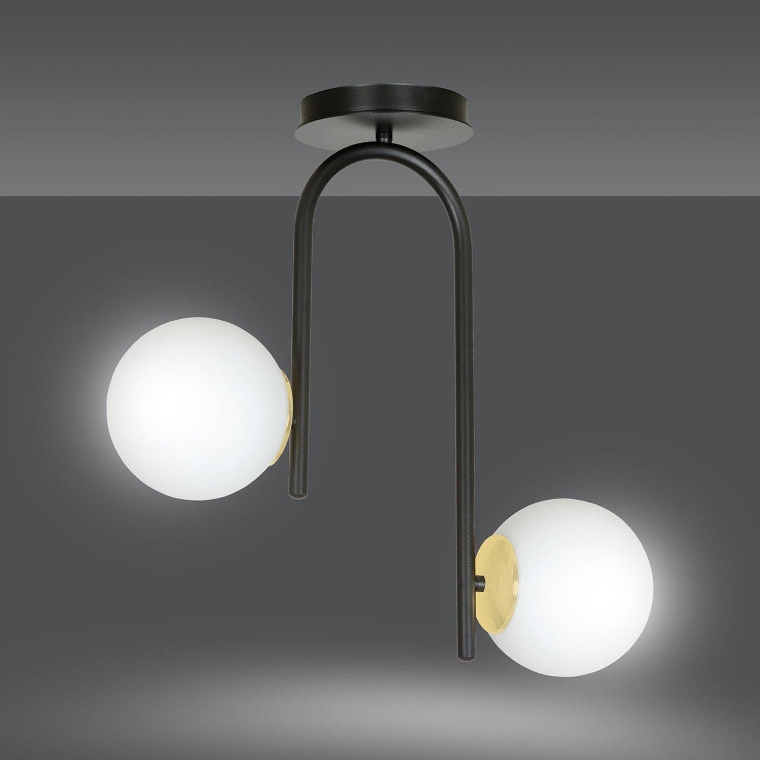 Lampadario 2 Luci Kalf In Acciaio Nero A Bracci E Sfere In Vetro Opalino E Oro in Lampadari LuceArt - Montecorvino Pugliano, commercioVirtuoso.it