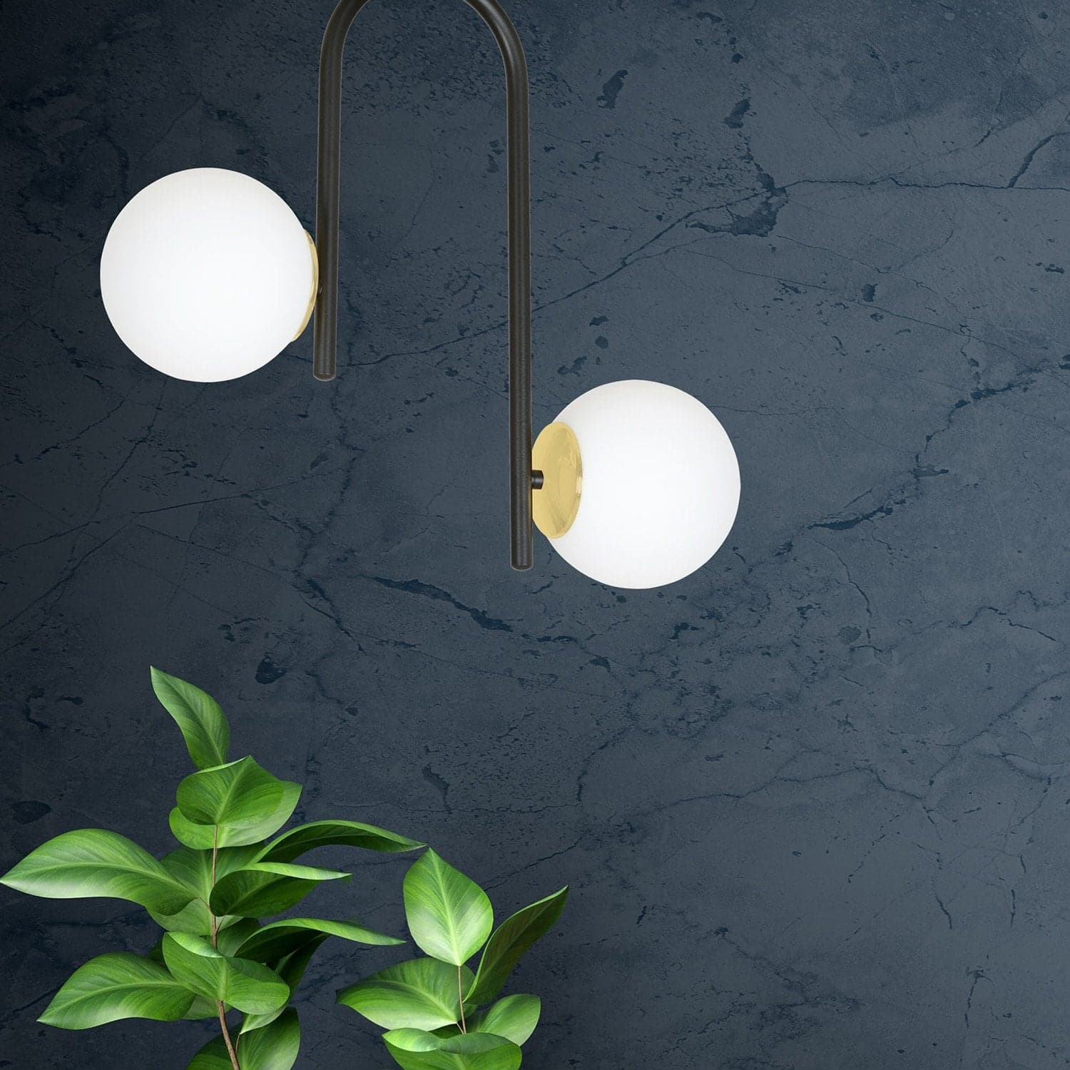 Lampadario 2 Luci Kalf In Acciaio Nero A Bracci E Sfere In Vetro Opalino E Oro in Lampadari LuceArt - Montecorvino Pugliano, commercioVirtuoso.it