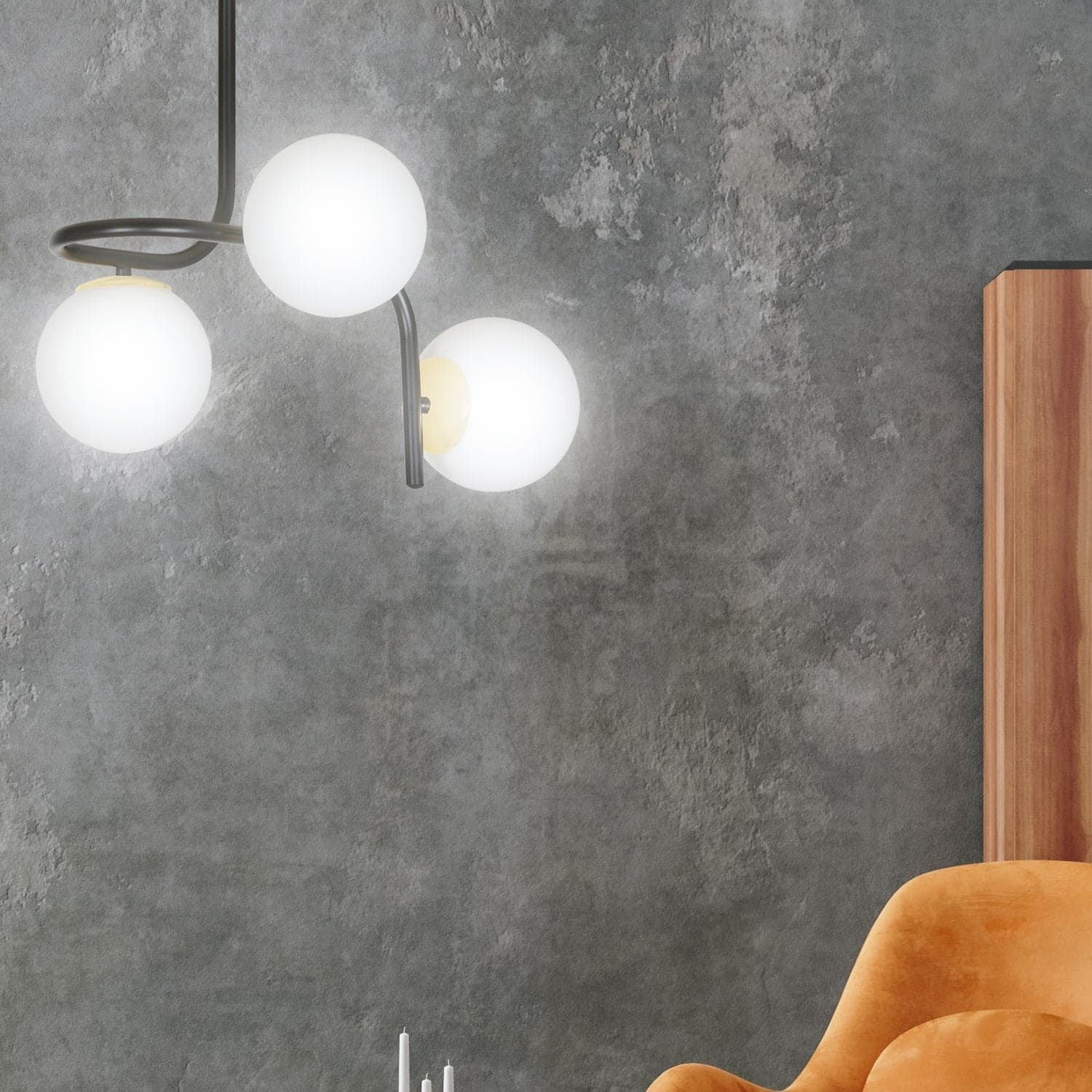 Lampadario 3 Luci Kalf In Acciaio Nero A Bracci E Sfere In Vetro Opalino E Oro in Lampade a sospensione LuceArt - Montecorvino Pugliano, commercioVirtuoso.it