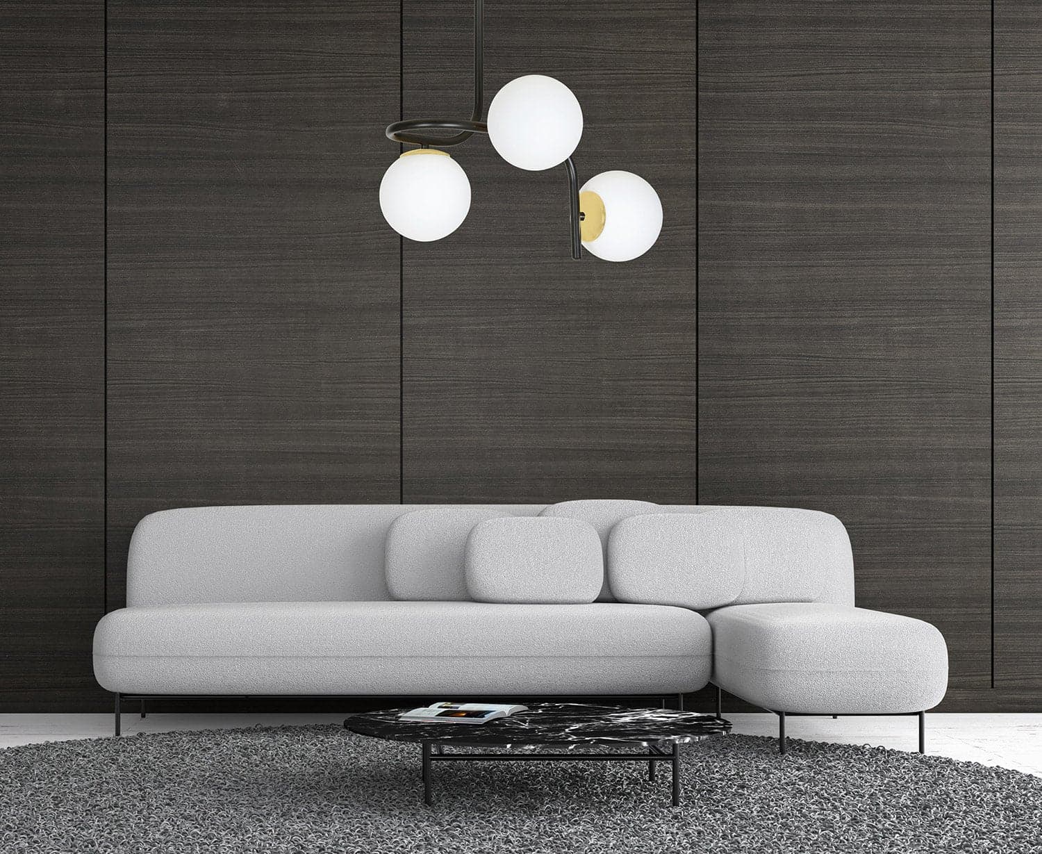 Lampadario 3 Luci Kalf In Acciaio Nero A Bracci E Sfere In Vetro Opalino E Oro in Lampade a sospensione LuceArt - Montecorvino Pugliano, commercioVirtuoso.it