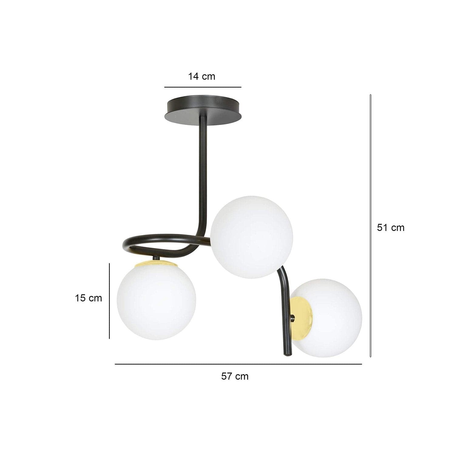 Lampadario 3 Luci Kalf In Acciaio Nero A Bracci E Sfere In Vetro Opalino E Oro in Lampade a sospensione LuceArt - Montecorvino Pugliano, commercioVirtuoso.it