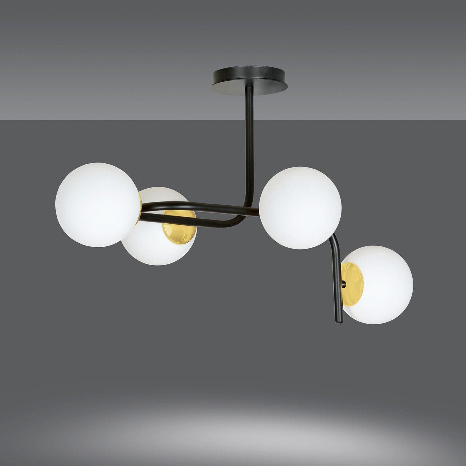Lampadario 4 Luci Kalf Acciaio Nero A Bracci Curvi E Sfere Vetro Opalino E Oro in Lampade a sospensione LuceArt - Montecorvino Pugliano, commercioVirtuoso.it