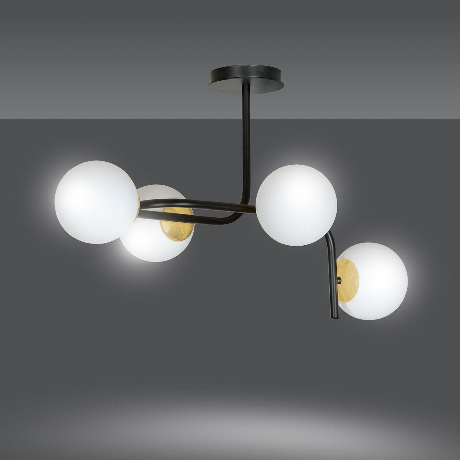 Lampadario 4 Luci Kalf Acciaio Nero A Bracci Curvi E Sfere Vetro Opalino E Oro in Lampade a sospensione LuceArt - Montecorvino Pugliano, commercioVirtuoso.it