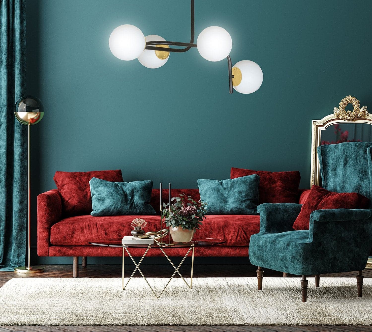 Lampadario 4 Luci Kalf Acciaio Nero A Bracci Curvi E Sfere Vetro Opalino E Oro in Lampade a sospensione LuceArt - Montecorvino Pugliano, commercioVirtuoso.it