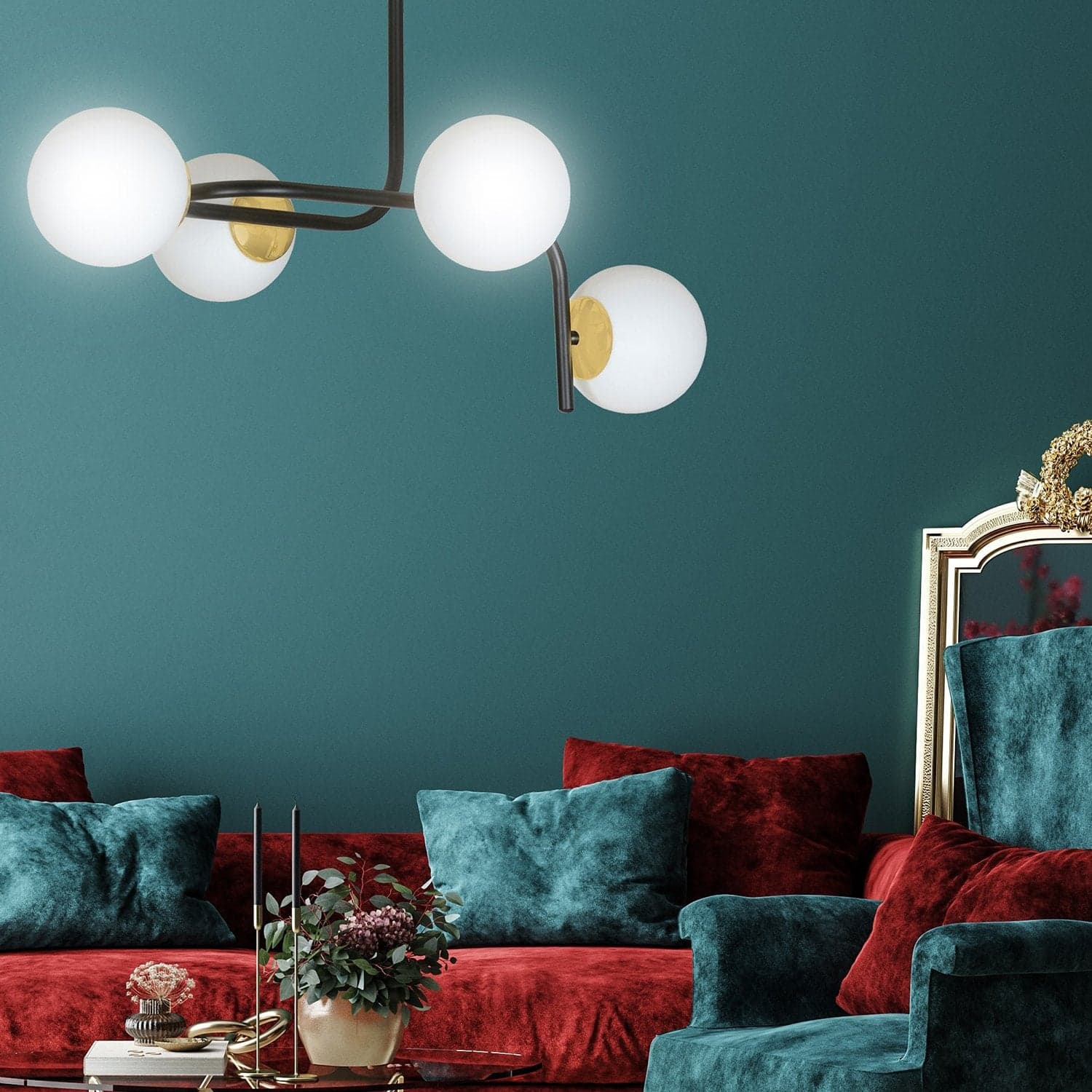 Lampadario 4 Luci Kalf Acciaio Nero A Bracci Curvi E Sfere Vetro Opalino E Oro in Lampade a sospensione LuceArt - Montecorvino Pugliano, commercioVirtuoso.it