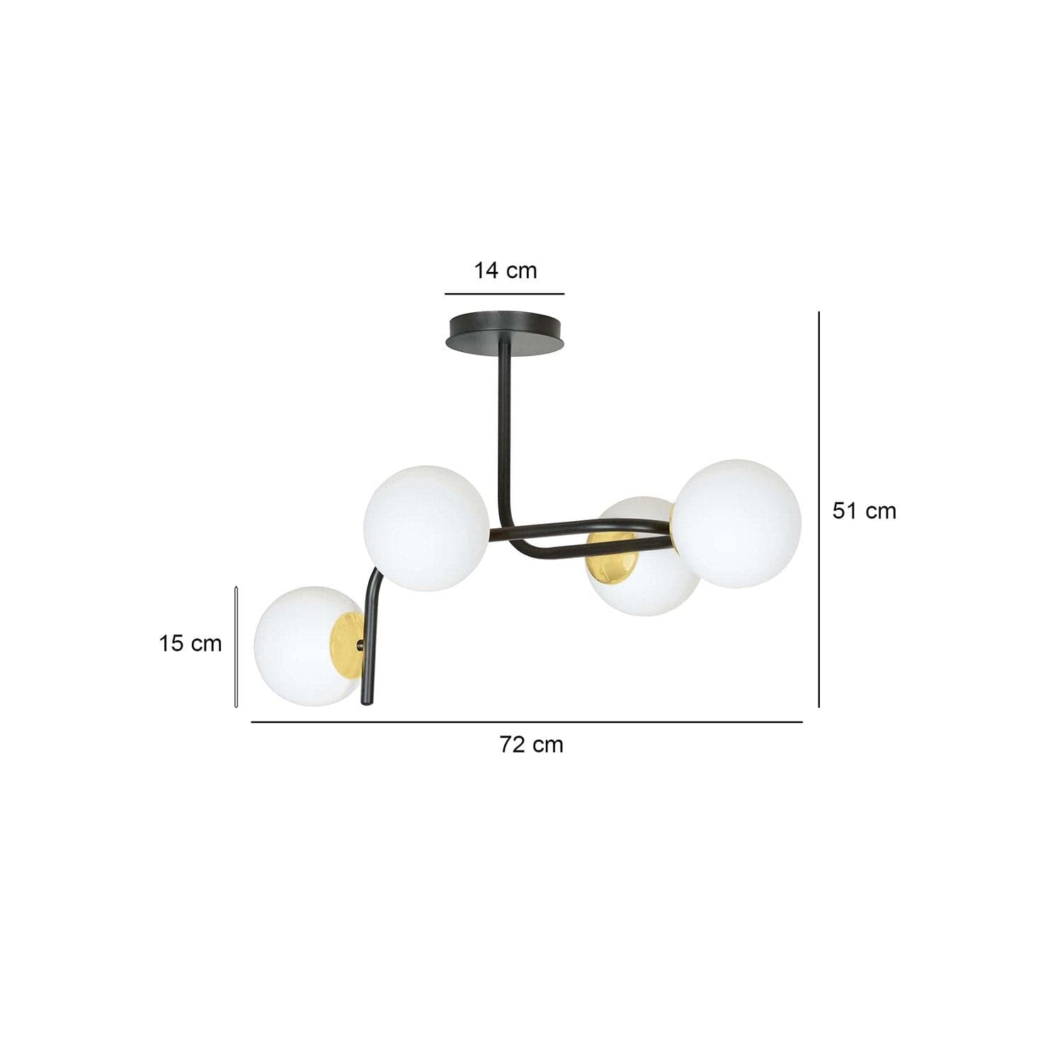 Lampadario 4 Luci Kalf Acciaio Nero A Bracci Curvi E Sfere Vetro Opalino E Oro in Lampade a sospensione LuceArt - Montecorvino Pugliano, commercioVirtuoso.it