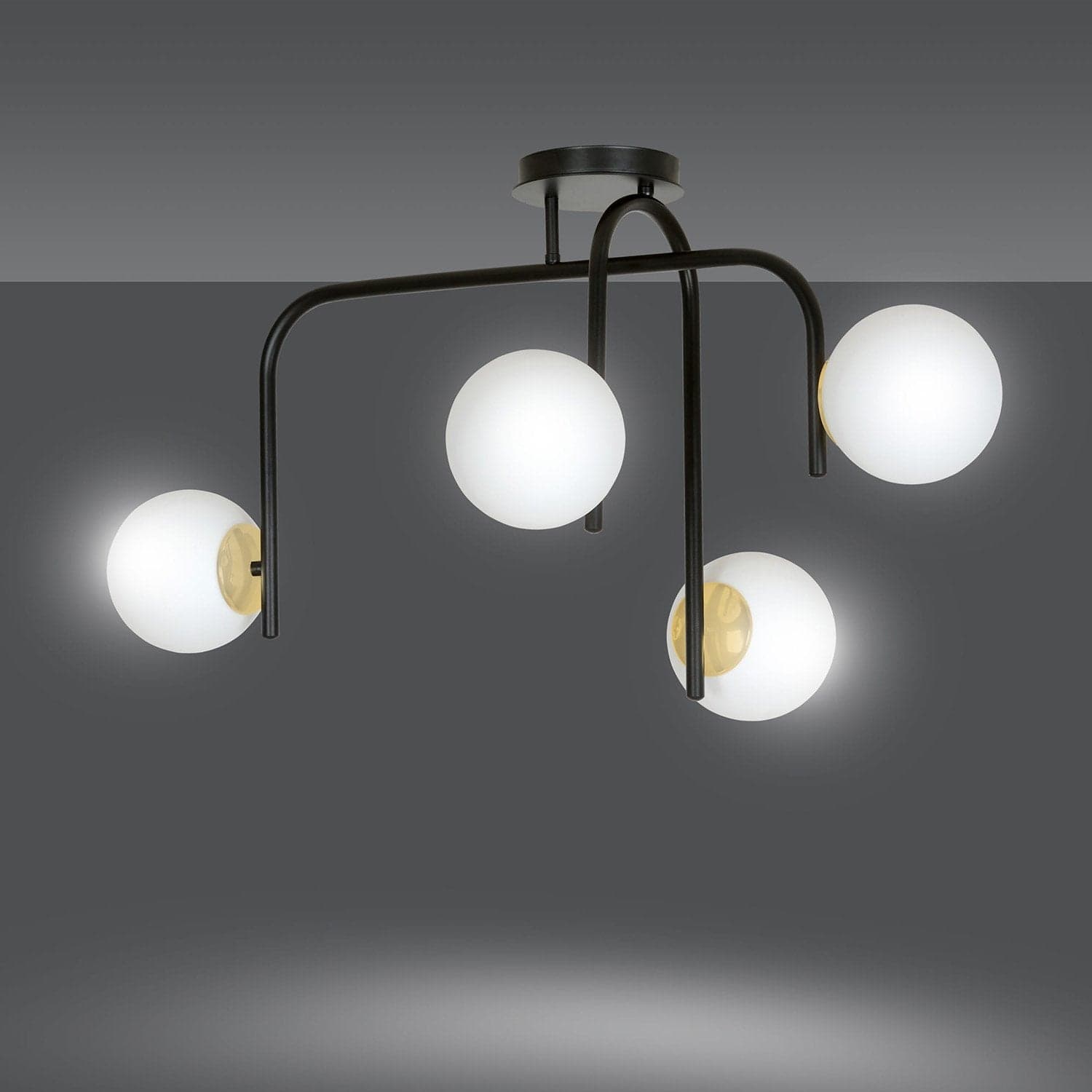 Lampadario 4 Luci Kalf In Acciaio Nero A Bracci E Sfere In Vetro Opalino E Oro in Lampade a sospensione LuceArt - Montecorvino Pugliano, commercioVirtuoso.it