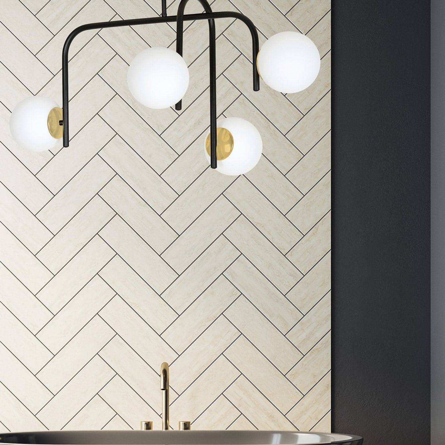 Lampadario 4 Luci Kalf In Acciaio Nero A Bracci E Sfere In Vetro Opalino E Oro in Lampade a sospensione LuceArt - Montecorvino Pugliano, commercioVirtuoso.it
