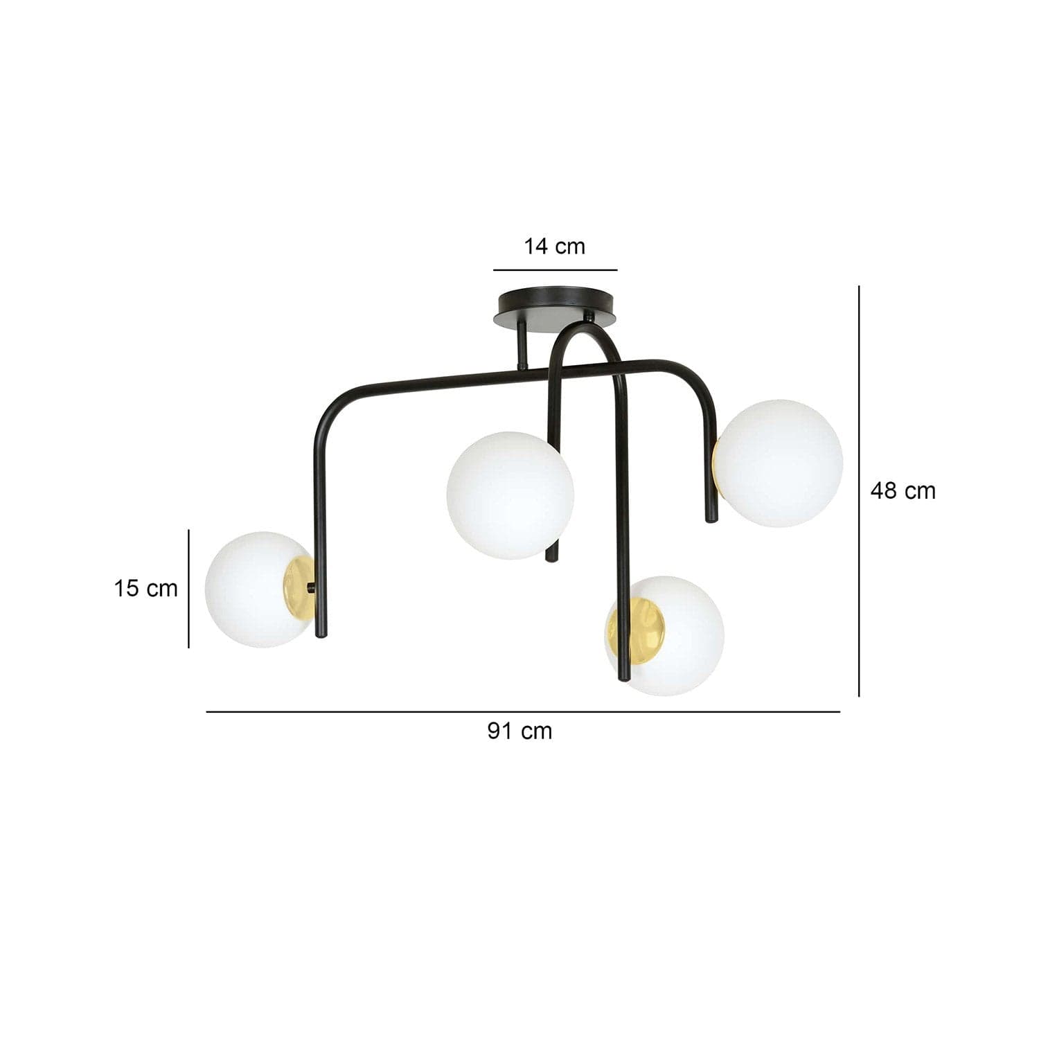 Lampadario 4 Luci Kalf In Acciaio Nero A Bracci E Sfere In Vetro Opalino E Oro in Lampade a sospensione LuceArt - Montecorvino Pugliano, commercioVirtuoso.it