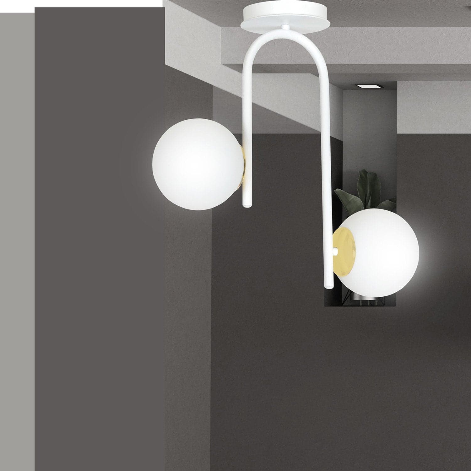 Lampadario 2 Luci Kalf In Acciaio Bianco A Bracci E Sfere In Vetro Opalino E Oro in Lampade a sospensione LuceArt - Montecorvino Pugliano, commercioVirtuoso.it
