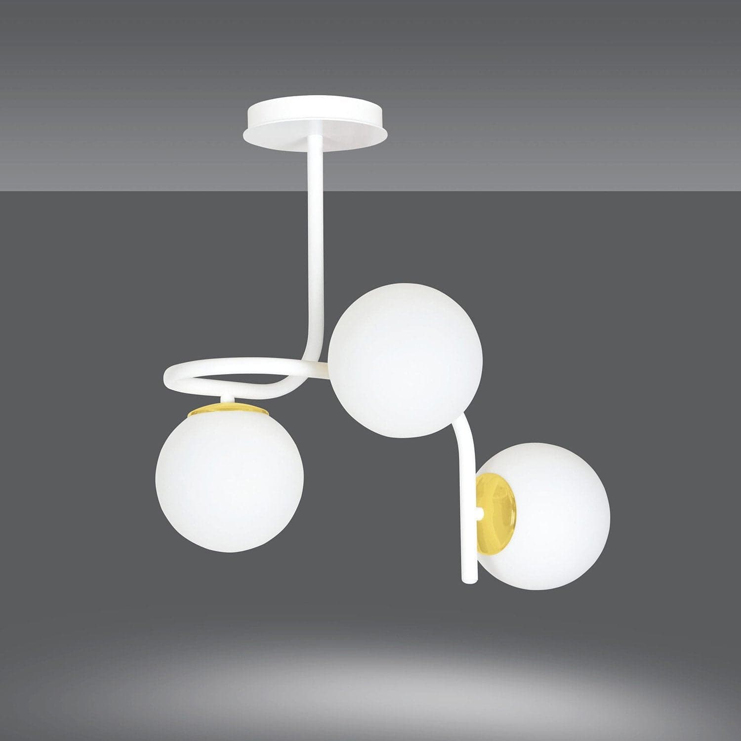 Lampadario 3 Luci Kalf In Acciaio Bianco A Bracci E Sfere In Vetro Opalino E Oro in Lampadari LuceArt - Montecorvino Pugliano, commercioVirtuoso.it