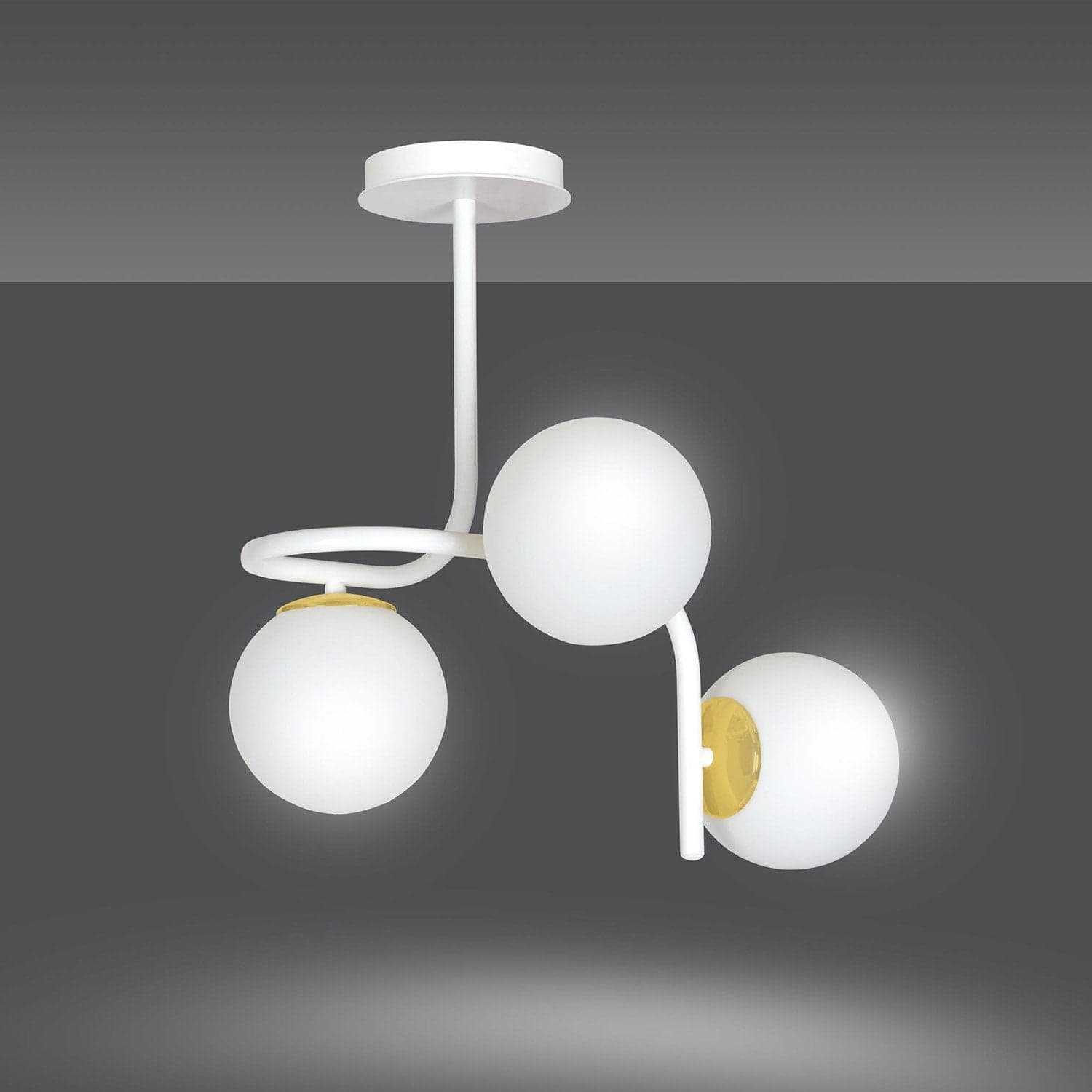 Lampadario 3 Luci Kalf In Acciaio Bianco A Bracci E Sfere In Vetro Opalino E Oro in Lampadari LuceArt - Montecorvino Pugliano, commercioVirtuoso.it