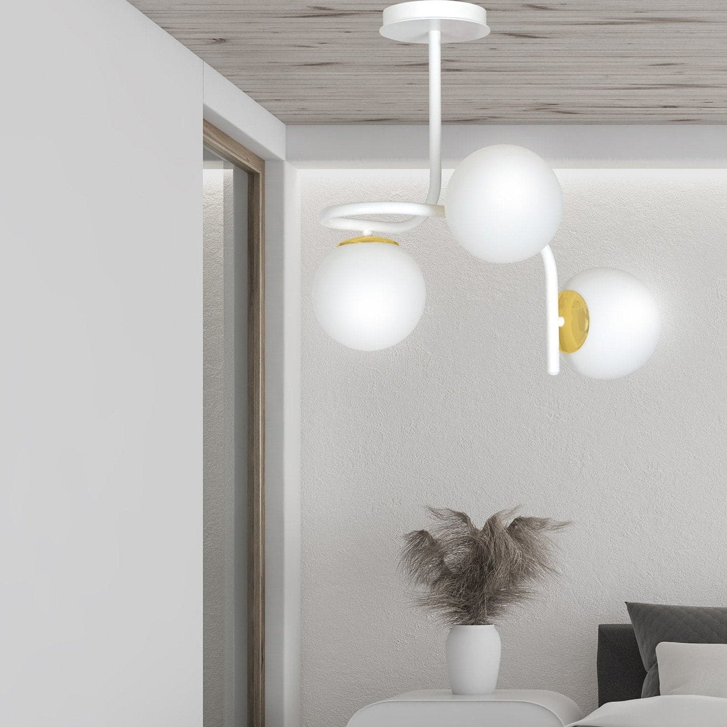 Lampadario 3 Luci Kalf In Acciaio Bianco A Bracci E Sfere In Vetro Opalino E Oro in Lampadari LuceArt - Montecorvino Pugliano, commercioVirtuoso.it