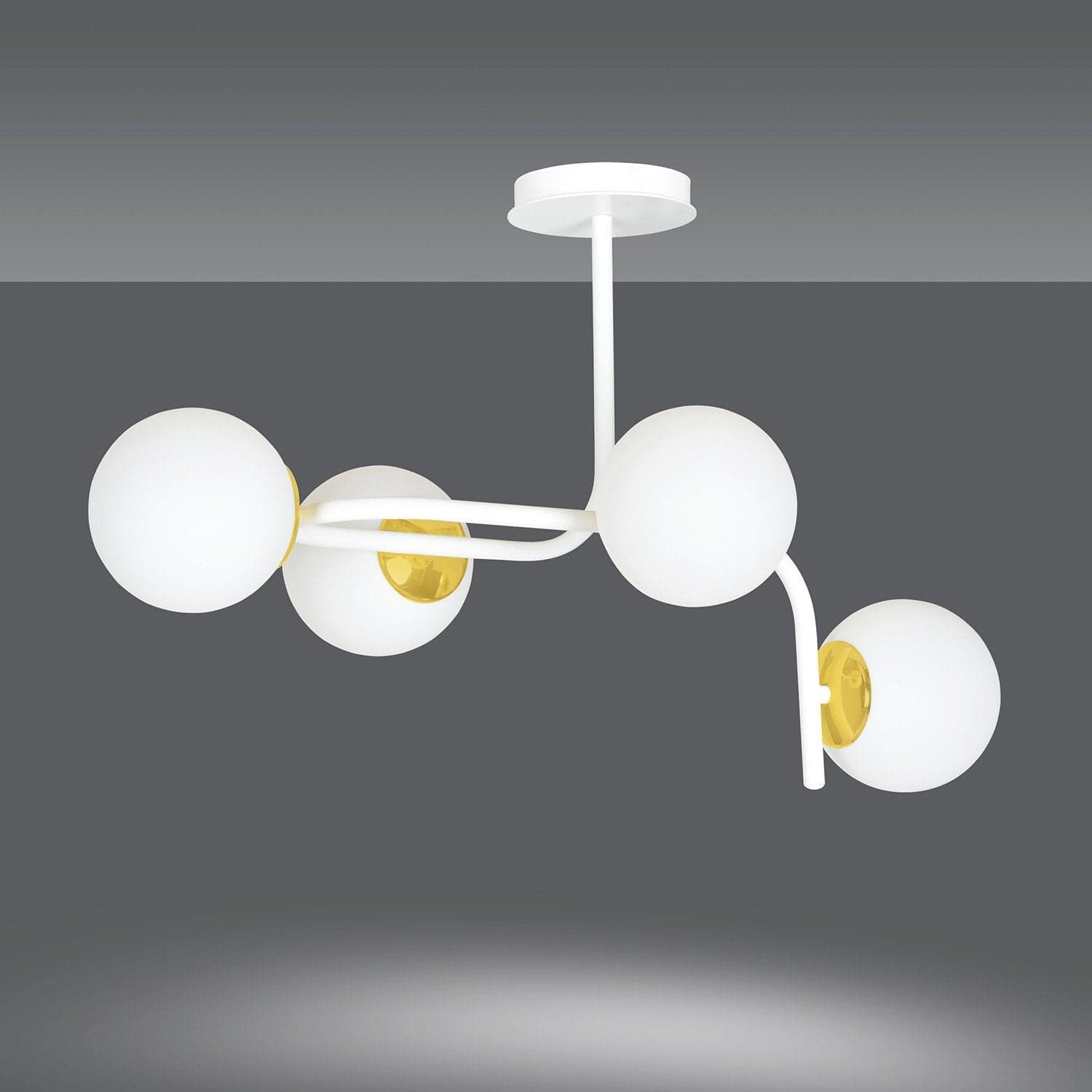 Lampadario 4 Luci Kalf Acciaio Bianco A Bracci Curvi E Sfere Vetro Opalino E Oro in Lampade a sospensione LuceArt - Montecorvino Pugliano, commercioVirtuoso.it