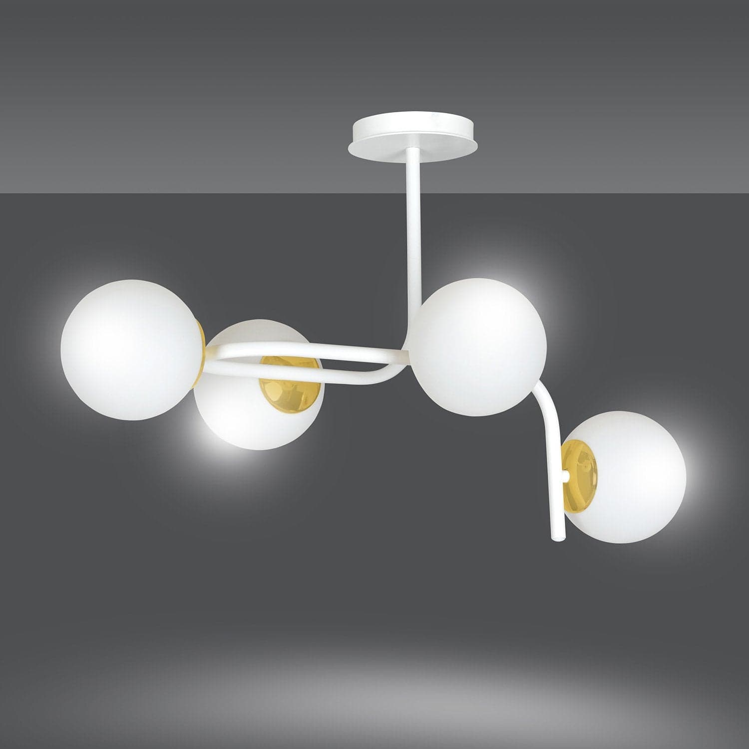 Lampadario 4 Luci Kalf Acciaio Bianco A Bracci Curvi E Sfere Vetro Opalino E Oro in Lampade a sospensione LuceArt - Montecorvino Pugliano, commercioVirtuoso.it